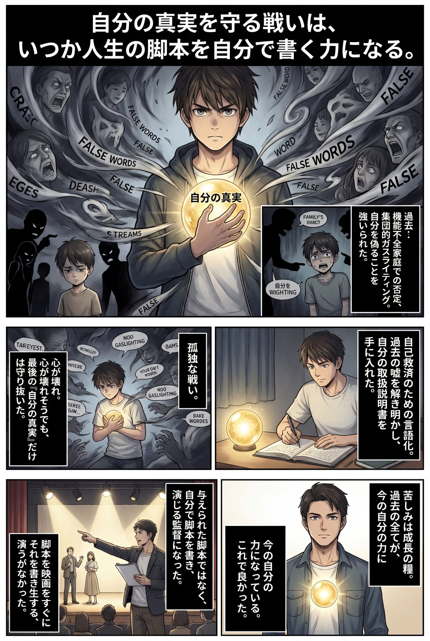 AIビジュアル：自分の真実を守るために戦っていますか？それはいつか、自分の人生の脚本を自分で書く力になる。