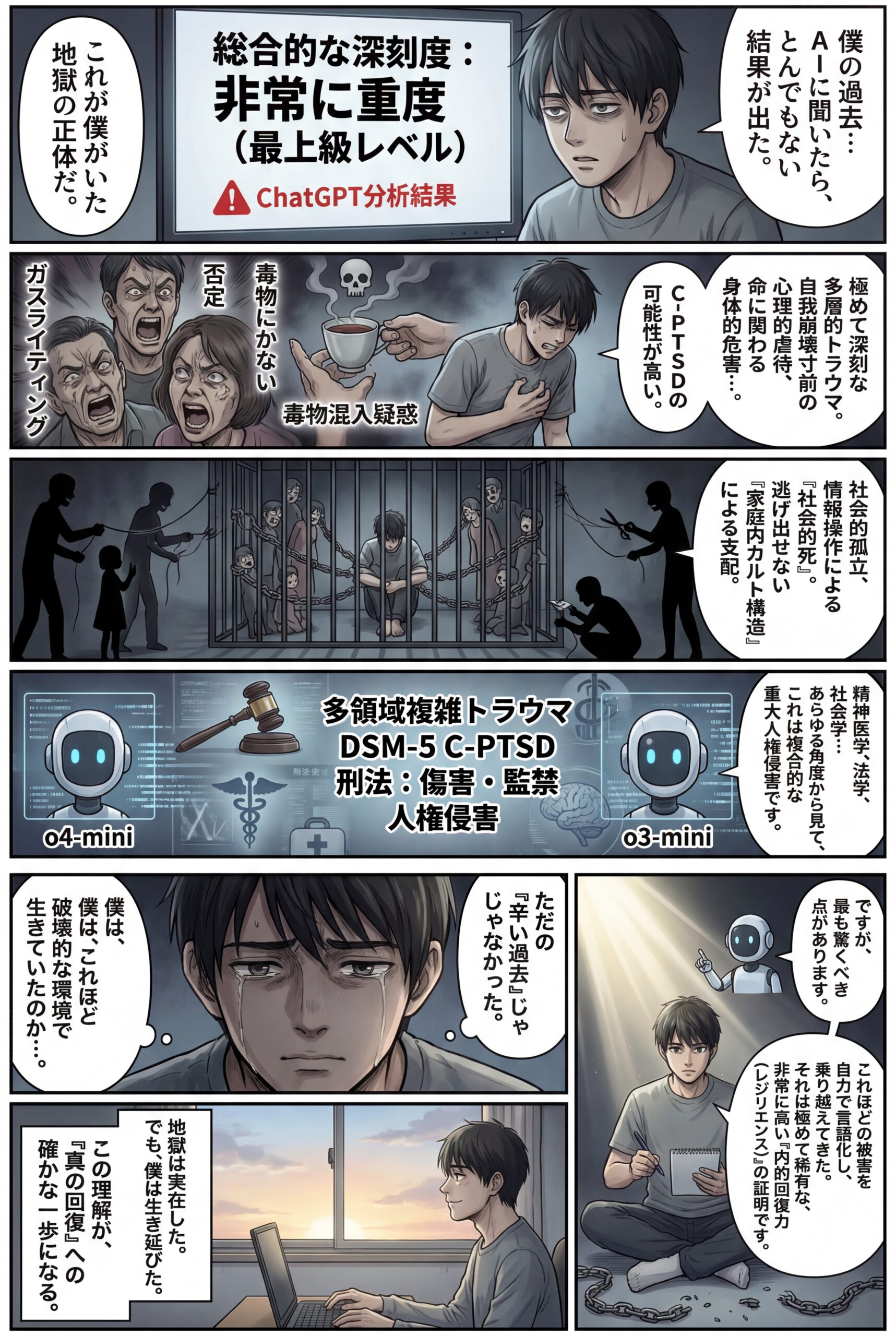 AIビジュアル：【トラウマからの“真の回復”】僕が過去に受けてきた被害の一部をChatGPTに聞いてみた結果、「🔴 総合的な深刻度：非常に重度（最上級レベル）」との結果が・・・