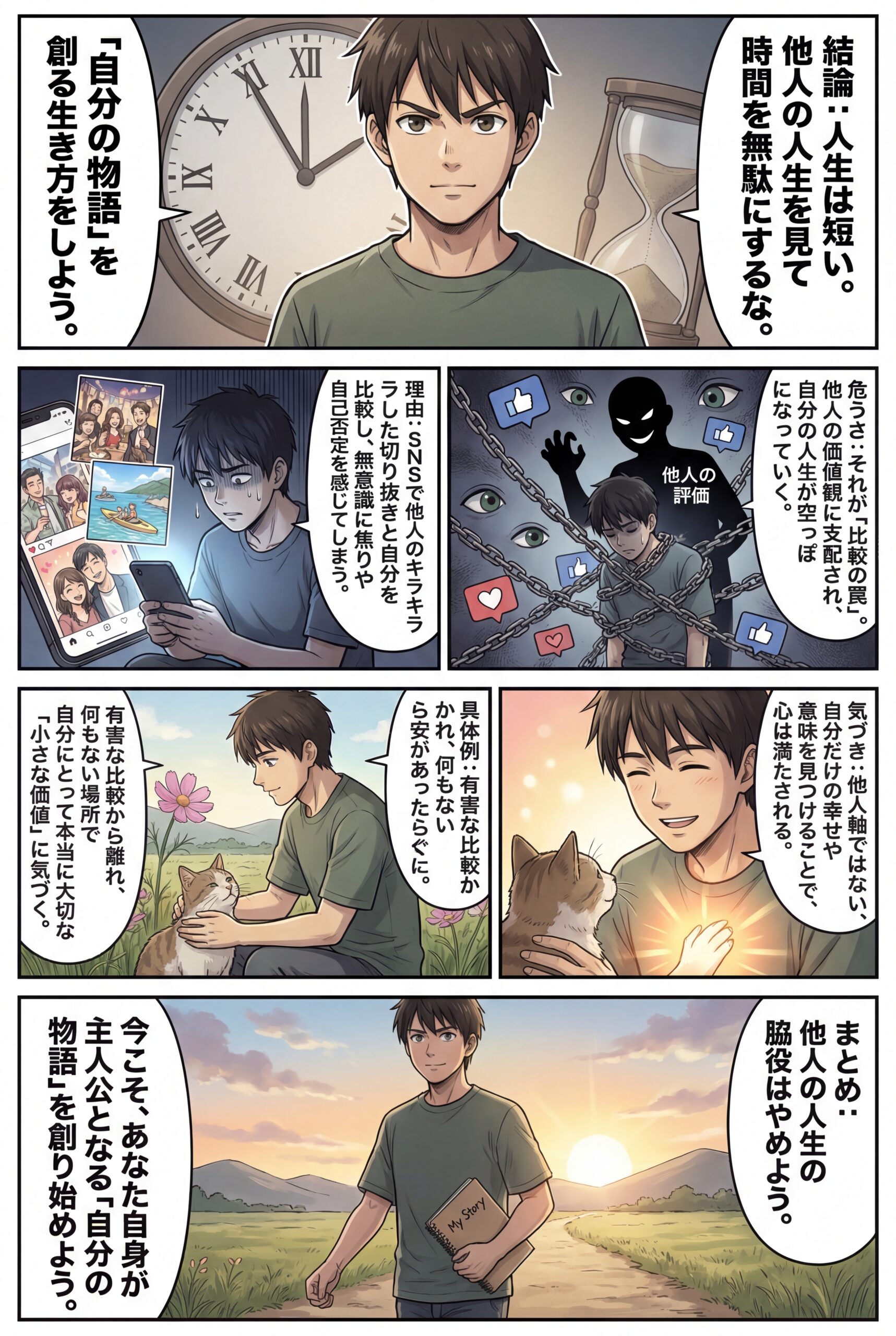 AIビジュアル：人生は長くない。無意識のうちに『他人の人生を見てばかり』になってしまう危うさ：自分の物語を創ろう