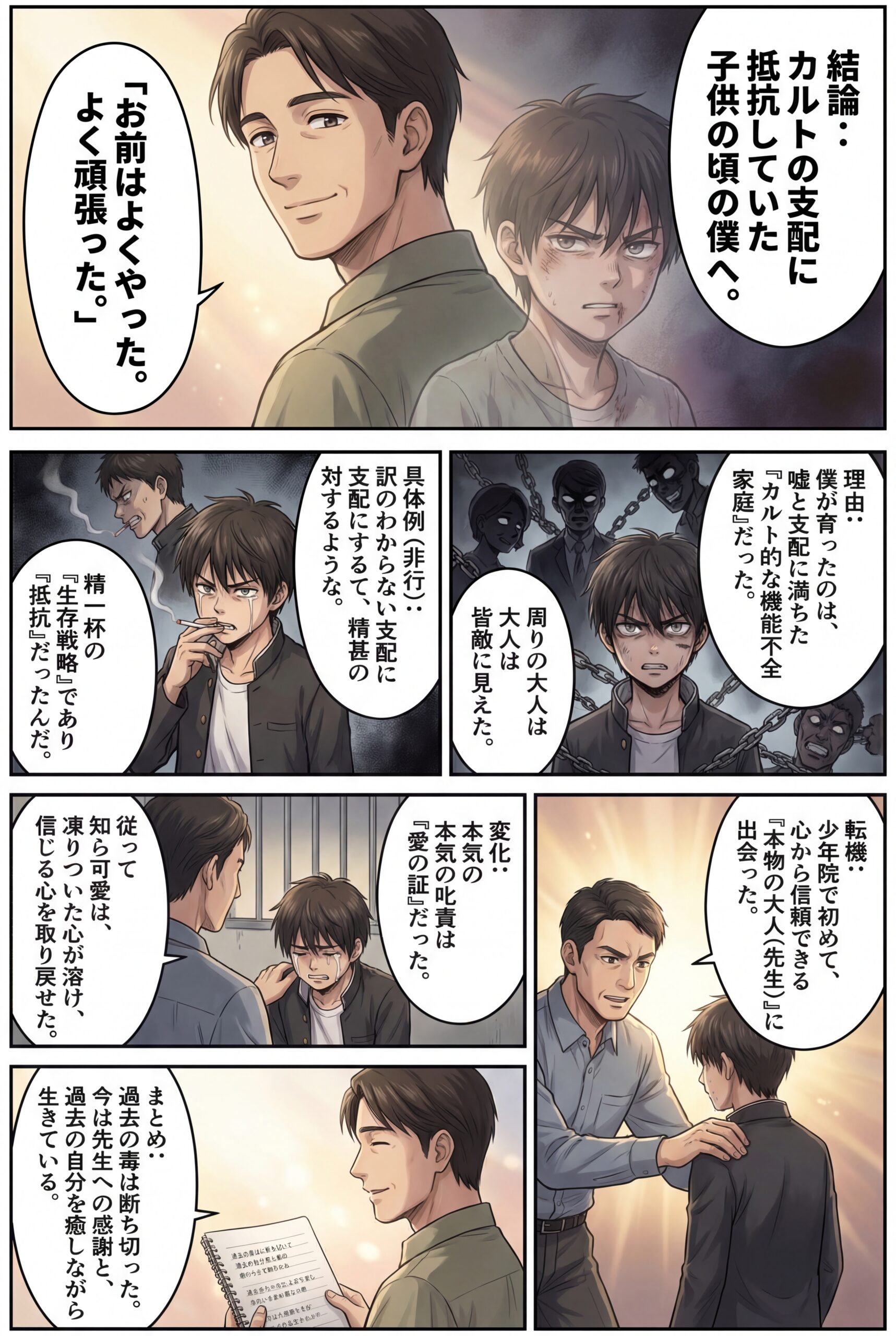 AIビジュアル：カルトの支配に抵抗していた子供の頃の僕へ：「お前はよくやった。よく頑張った。」