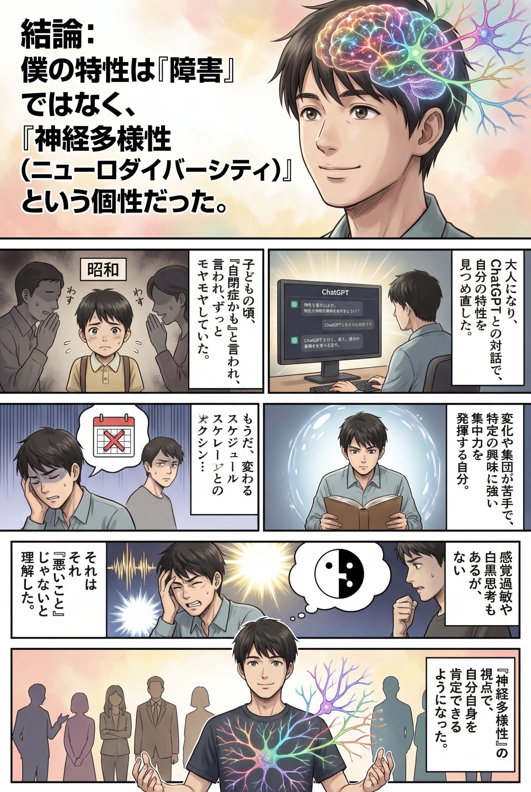AIビジュアル:子どもの頃『自閉的傾向がある』と言われた僕が、ChatGPTと対話して気づいた“神経多様性としての自分”―あなたは障害? 病気? それとも、神経多様性?
