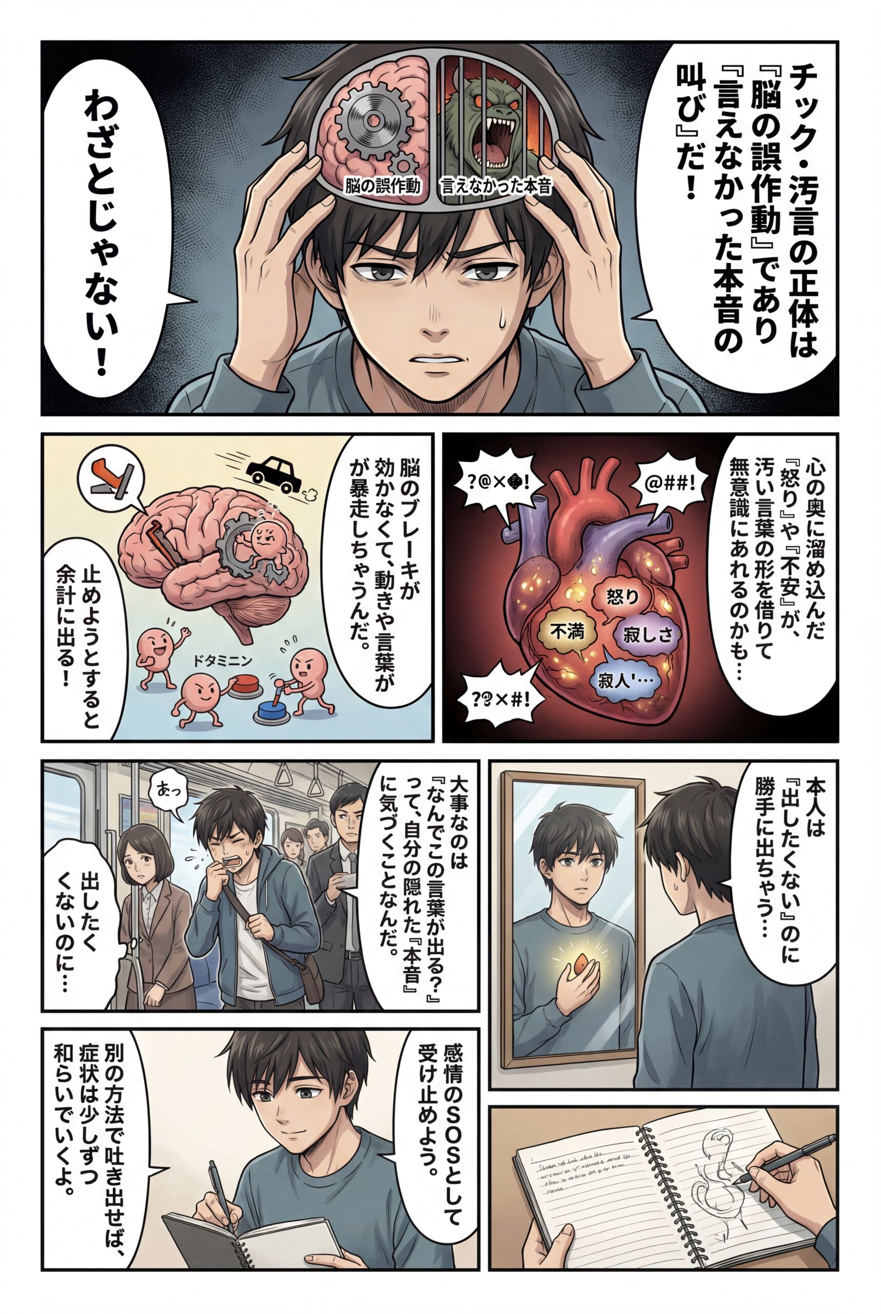 AIビジュアル：チック症・汚言症の本当の原因と治し方：脳の誤作動と“言いたい本音”に気づく、心理と哲学からの新しい視点