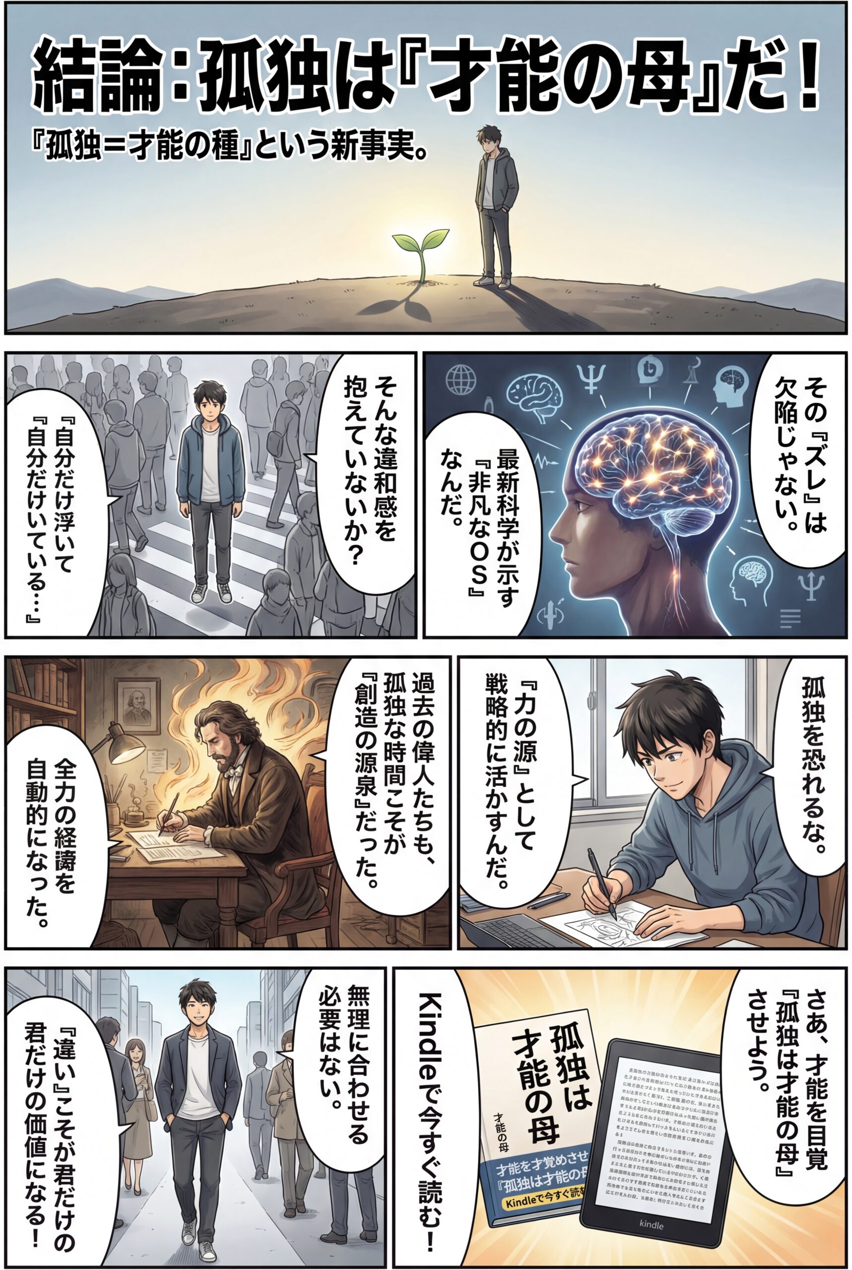 AIビジュアル：『孤独は才能の母』がついにKindleで発売開始！——「自分だけ浮いている感覚」の正体に気づいた日