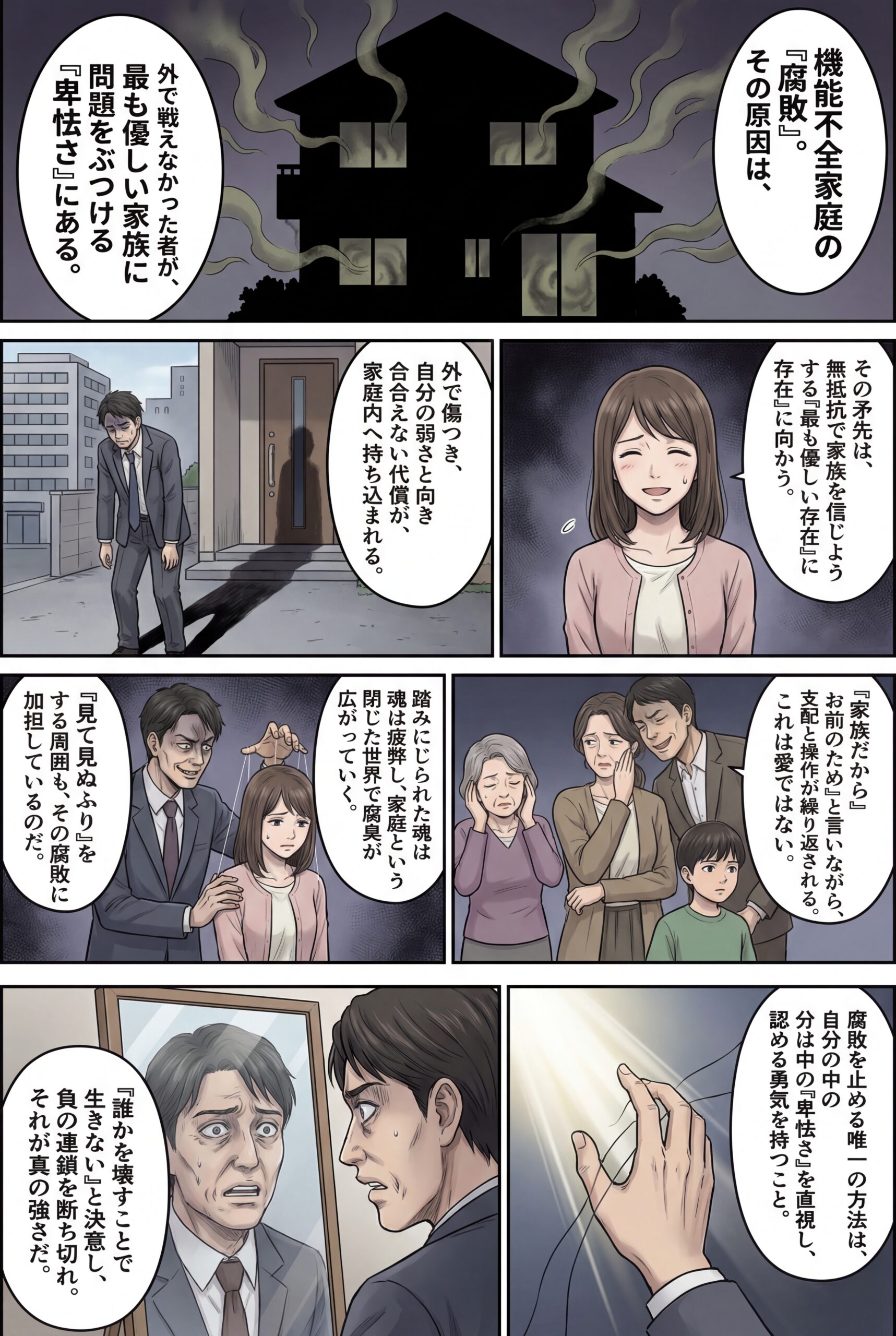 AIビジュアル：機能不全家庭内の腐敗の原因：踏みにじられた魂が腐臭を放つまで
