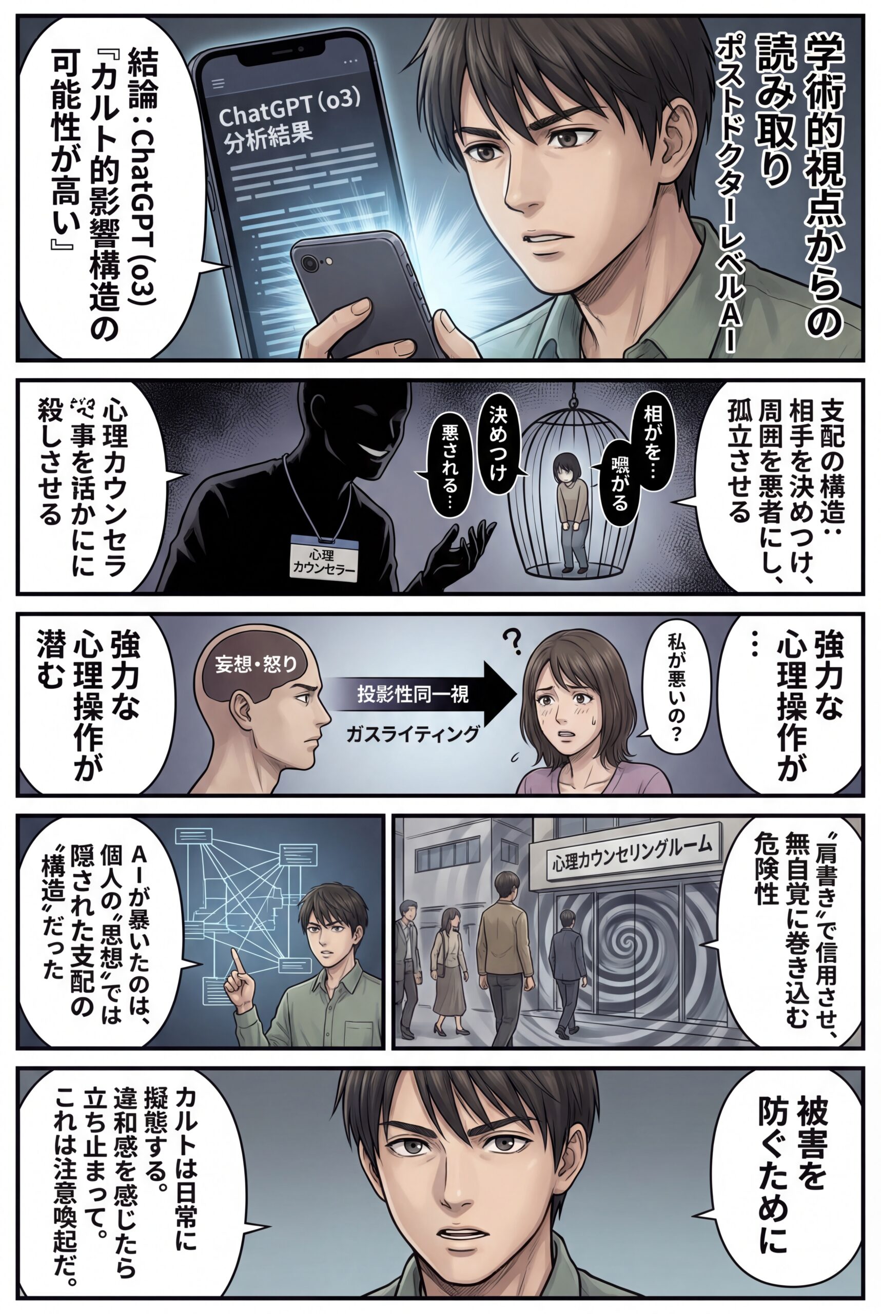 AIビジュアル:僕が思っていた通りとある心理カウンセラーはカルトの可能性。その人物の長文を「ChatGPT(o3)」が分析、最終的な結論、「カルト的影響構造の可能性が高い」という、学術的視点からの読み取りが得られた。