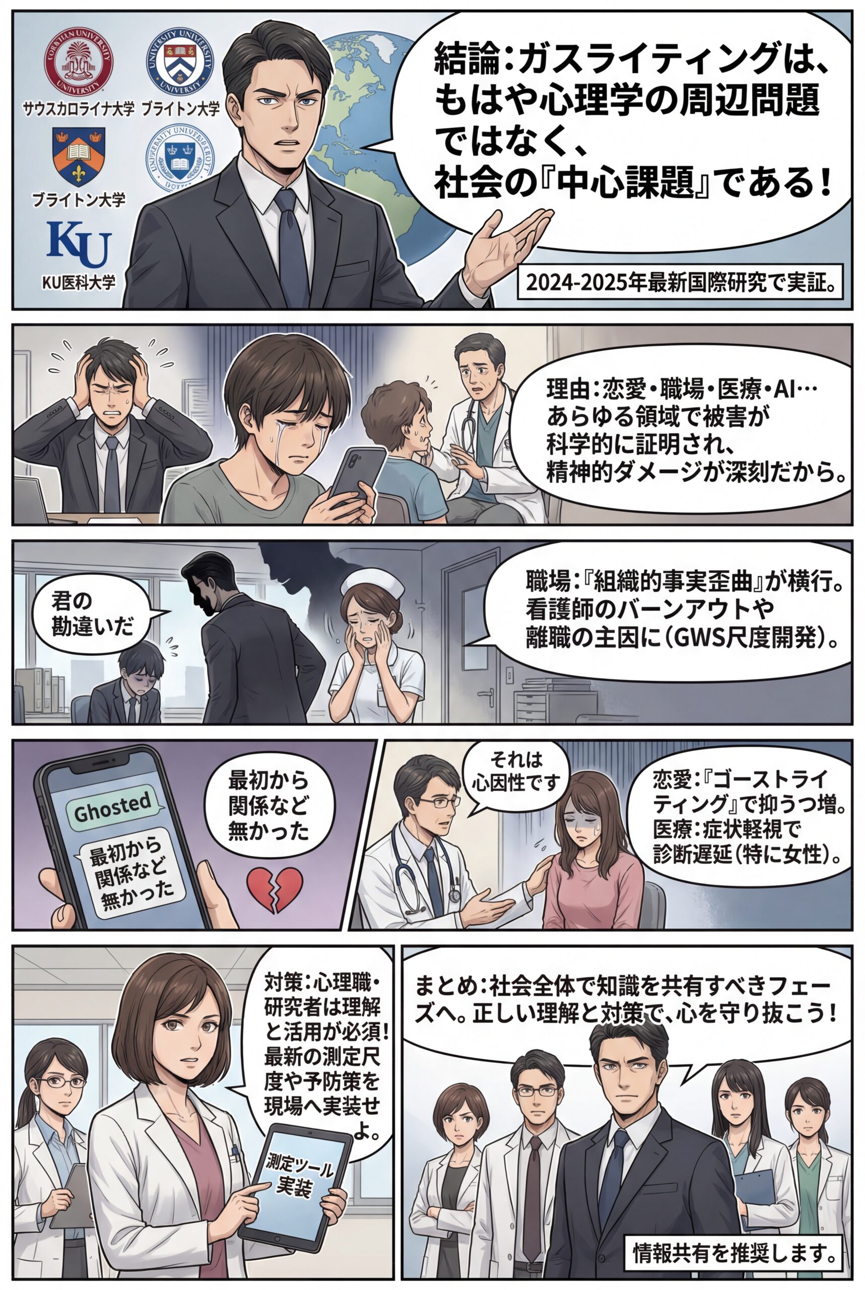 AIビジュアル：【2024–2025年最新版】サウスカロライナ大学・ブライトン大学・KU医科大学（米・カンザス大学医学部）などによる国際研究でわかったガスライティング総まとめ ─ 定義・影響・AI対策を科学的根拠で徹底解説