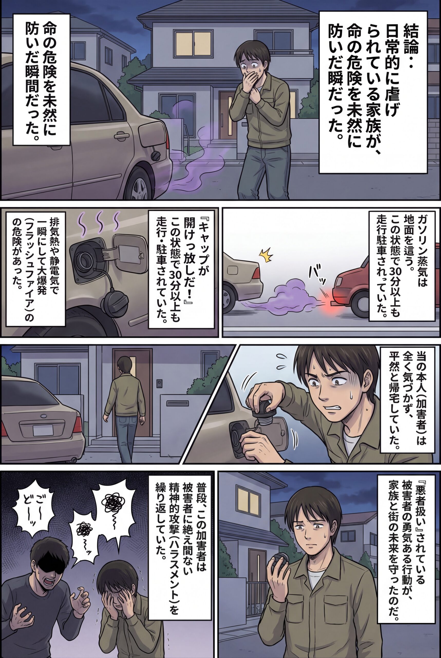 AIビジュアル：【実話】家族を危険にさらす無責任行為と、それを止めた被害者の勇気～ガソリンタンク開放による火災未遂と、見えない家庭内加害の構図～