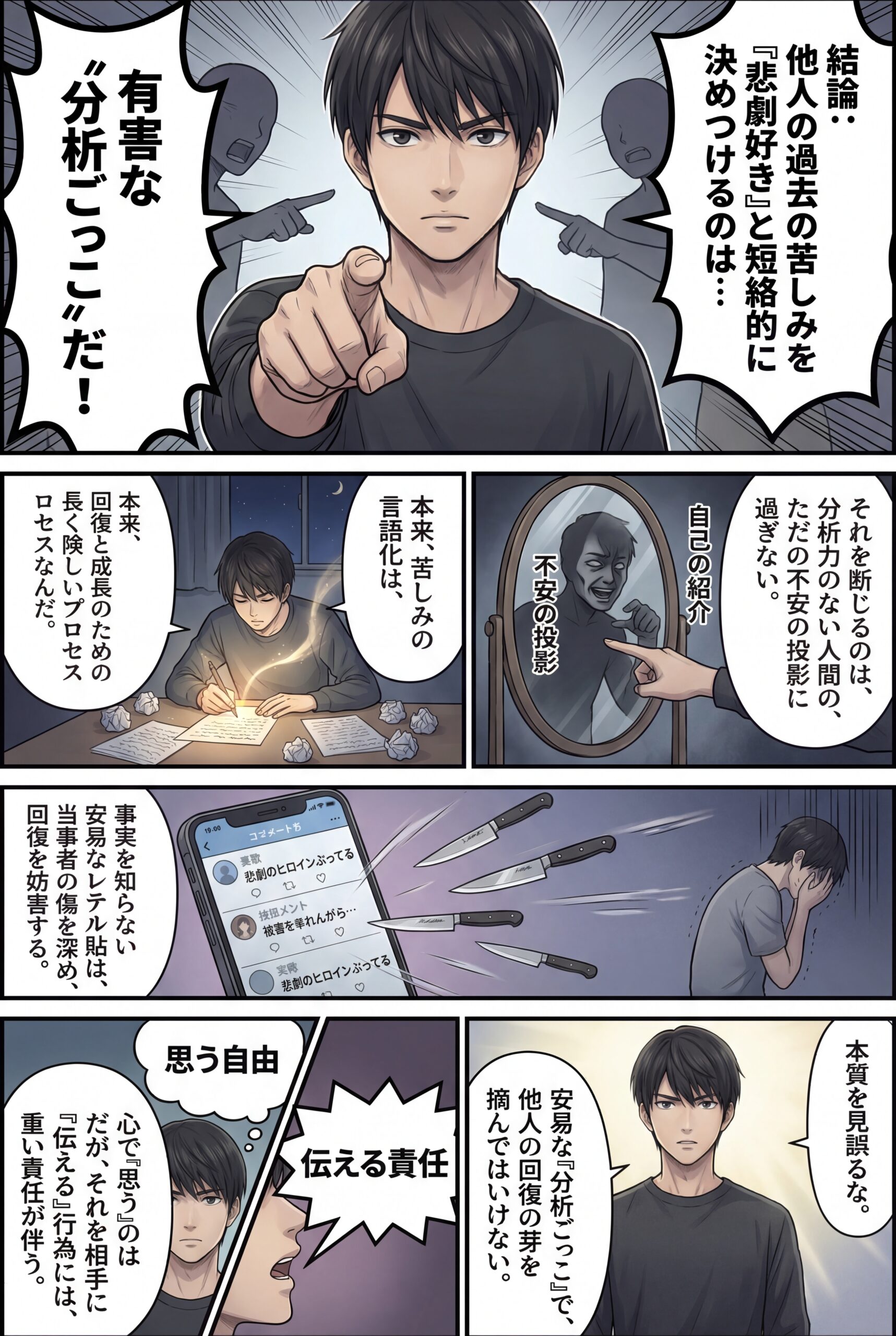 AIビジュアル：他人の過去の苦しみを“悲劇好き”と決めつける人たち――自己分析の本質と有害な分析ごっこの危険性