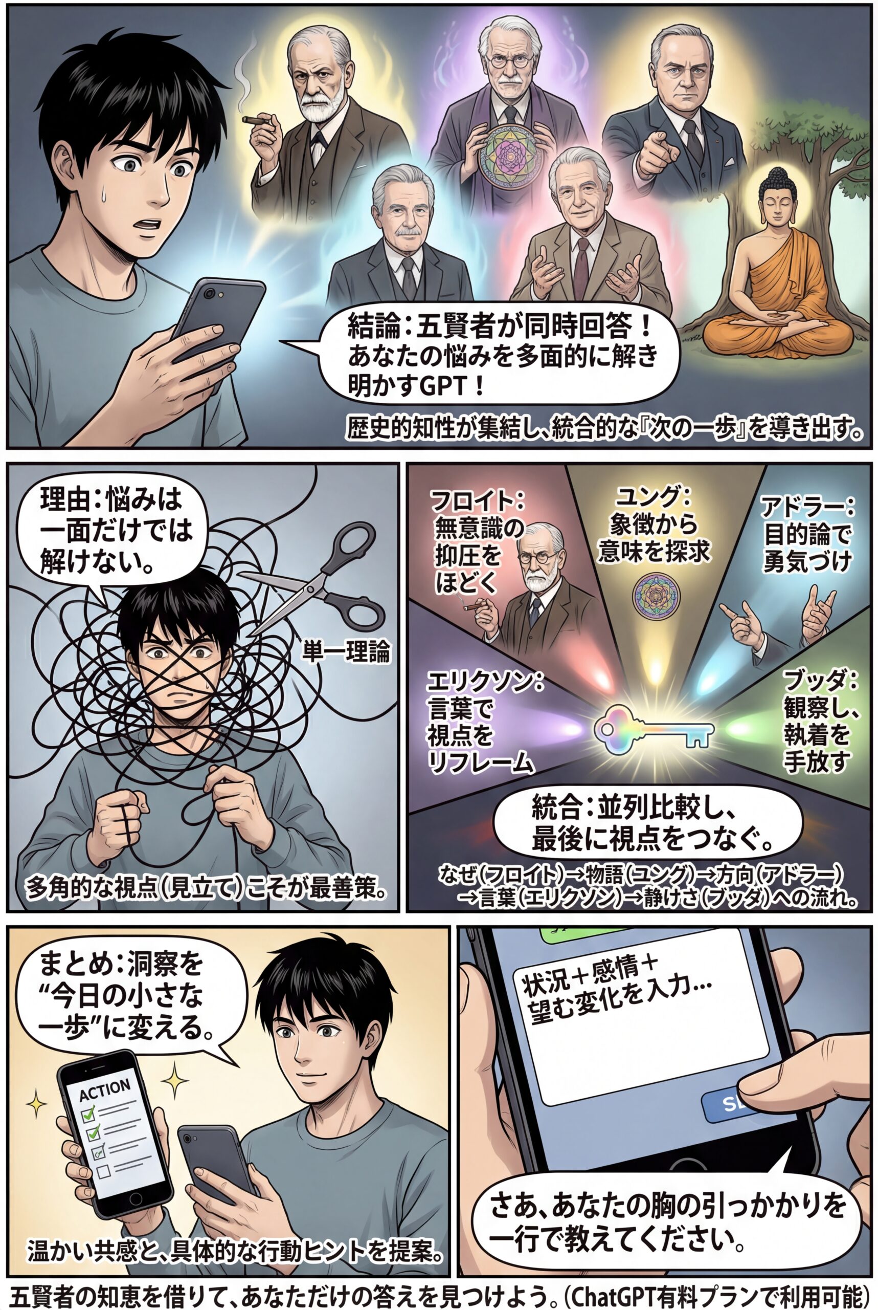 AIビジュアル：五賢者の対話：フロイト・ユング・アドラー・エリクソン・ブッダが同時に答えるGPTを作った話