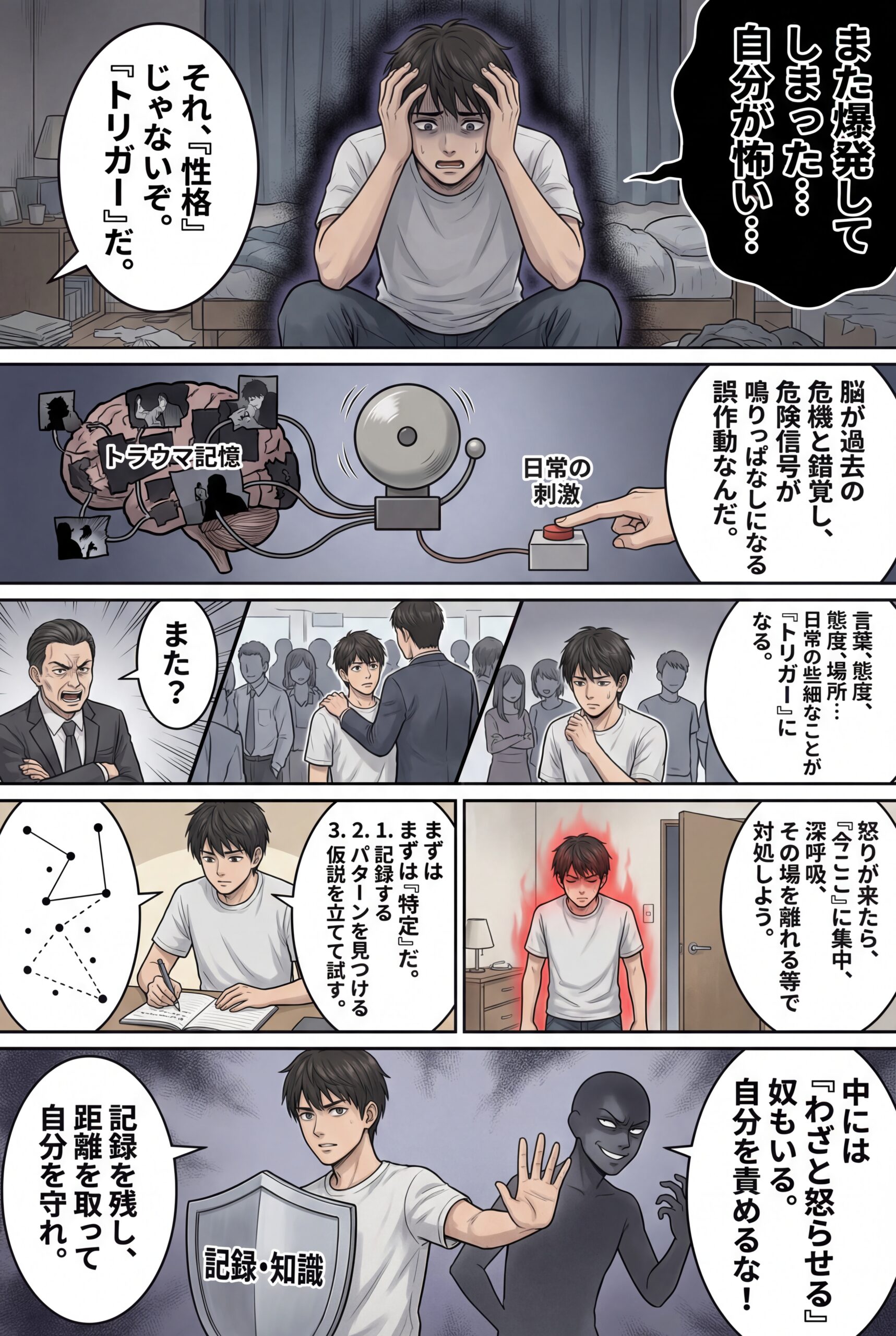 AIビジュアル：怒りが爆発する自分がこわい：トラウマと日常のトリガーを特定しよう