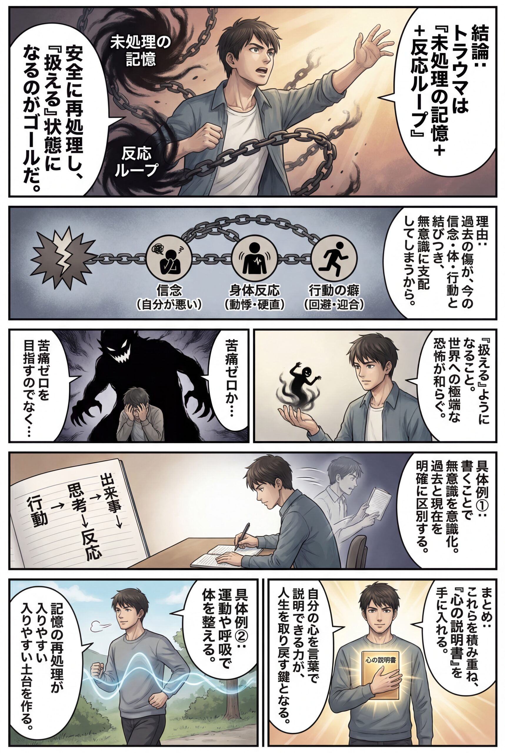 AIビジュアル：トラウマを「乗り越える」とは：未処理の記憶を再処理し、『心の説明書』を手に入れるまで