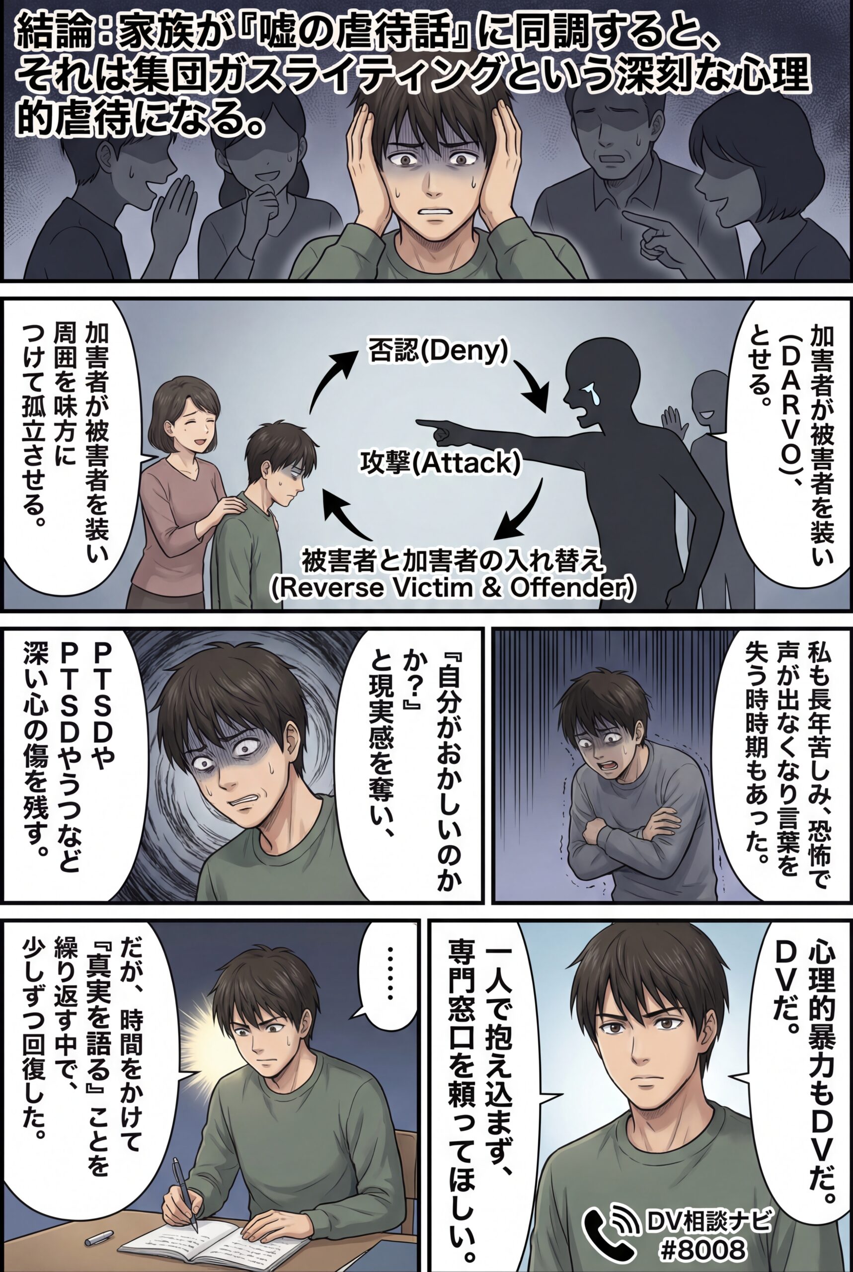 AIビジュアル:“嘘の虐待話”に家族がのるとき——集団ガスライティングをほどく、回復までの道しるべ(AI音声解説あり)