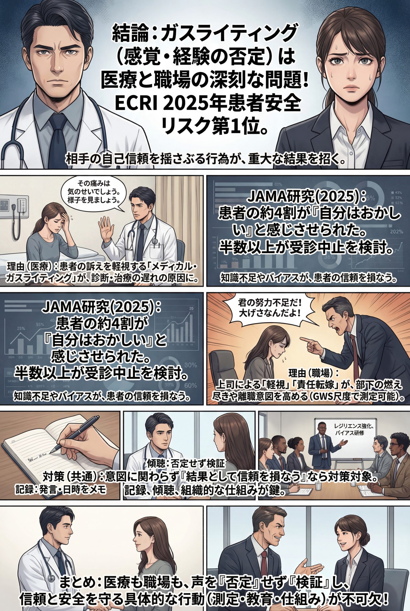 AIビジュアル：JAMA・ECRI・査読研究で読み解く「ガスライティング」：医療と職場の実態と対策（2025年最新版）