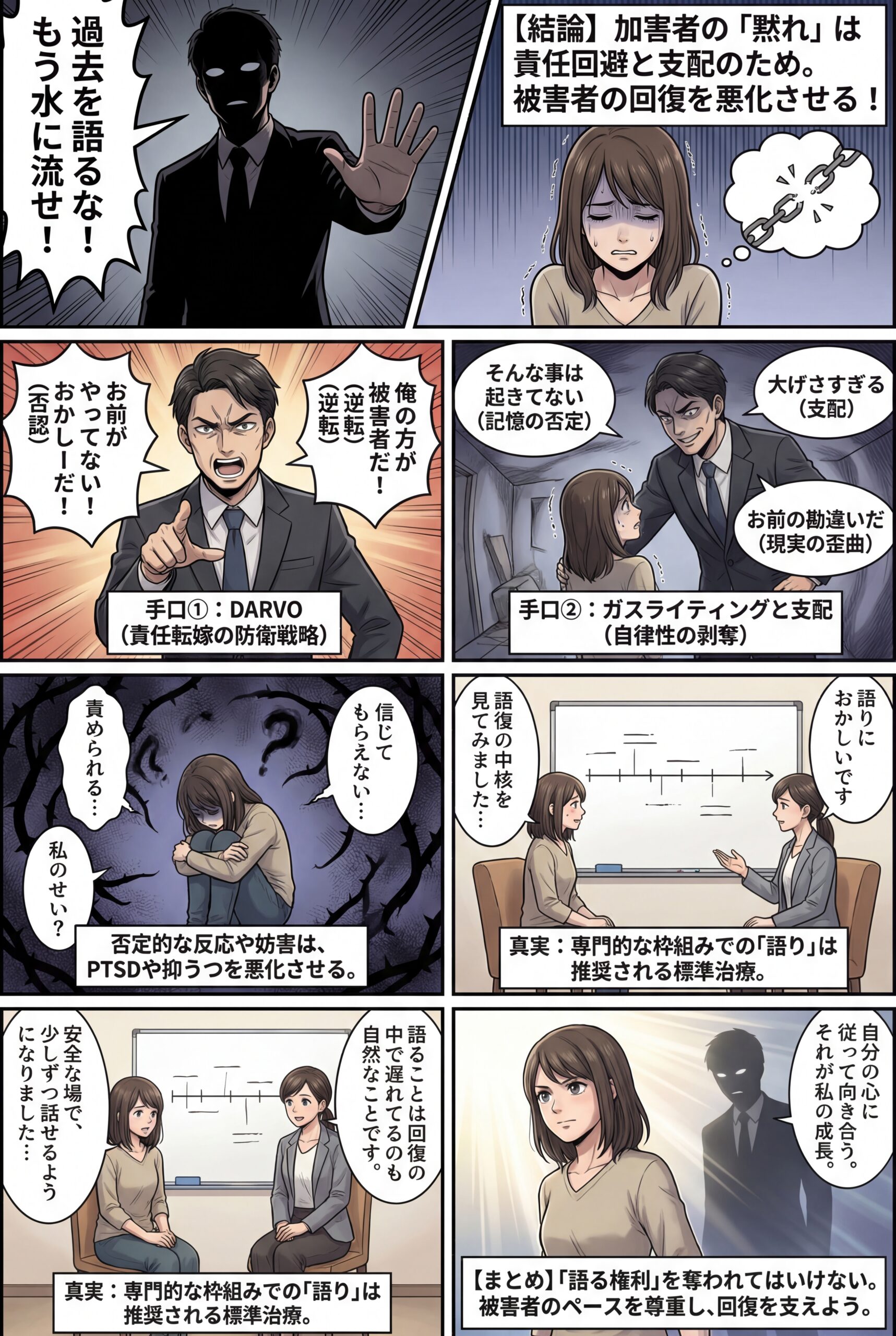 AIビジュアル:「加害者が“過去を語るな/もう水に流せ”と迫るのはなぜか?」「それは被害者の回復を妨げないか?」という点について、研究や専門家の知見で裏付けします。