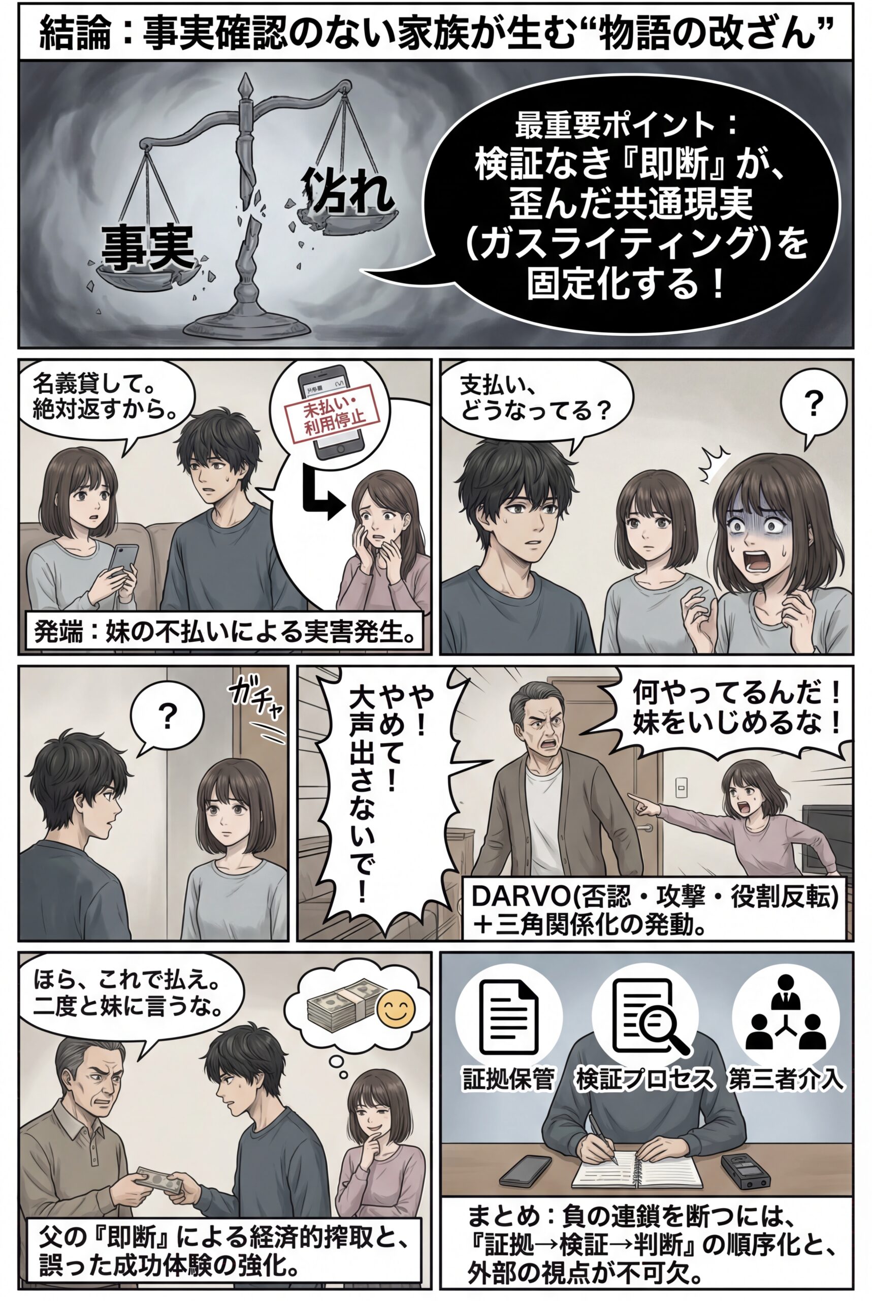 AIビジュアル：事実確認のない家族が生む“物語の改ざん”——ガスライティング／DARVO／三角関係化が重なった複合ハームの実例