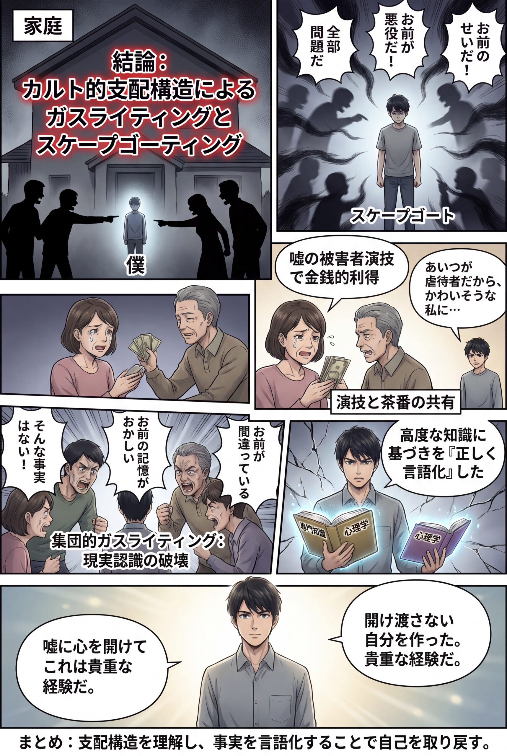 AIビジュアル:僕が育った家庭は、構造的に支えられたスケープゴーティング/ガスライティング、集団的な虚構の構築(虚言の共有)、金銭や立場の利得と結びついた演技と茶番、そして現実認識そのものをねじ伏せようとするカルト的支配構造。
