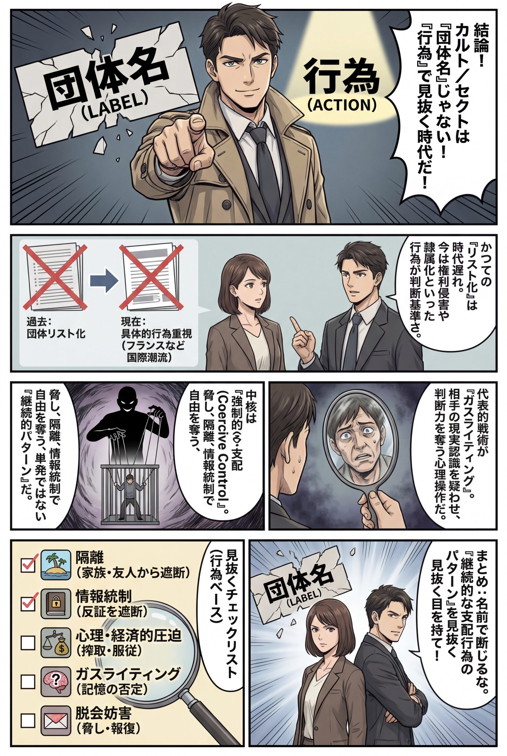 AIビジュアル：カルト/セクトは「ラベル」ではなく「行為」で見る時代：強制的支配とガスライティングを見抜く