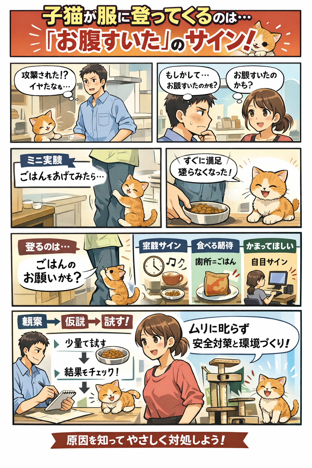 AIビジュアル:「子猫が服に登ってくる」のはなぜ?——観察・検証でわかる“お腹すいたサイン”と心の仕組み