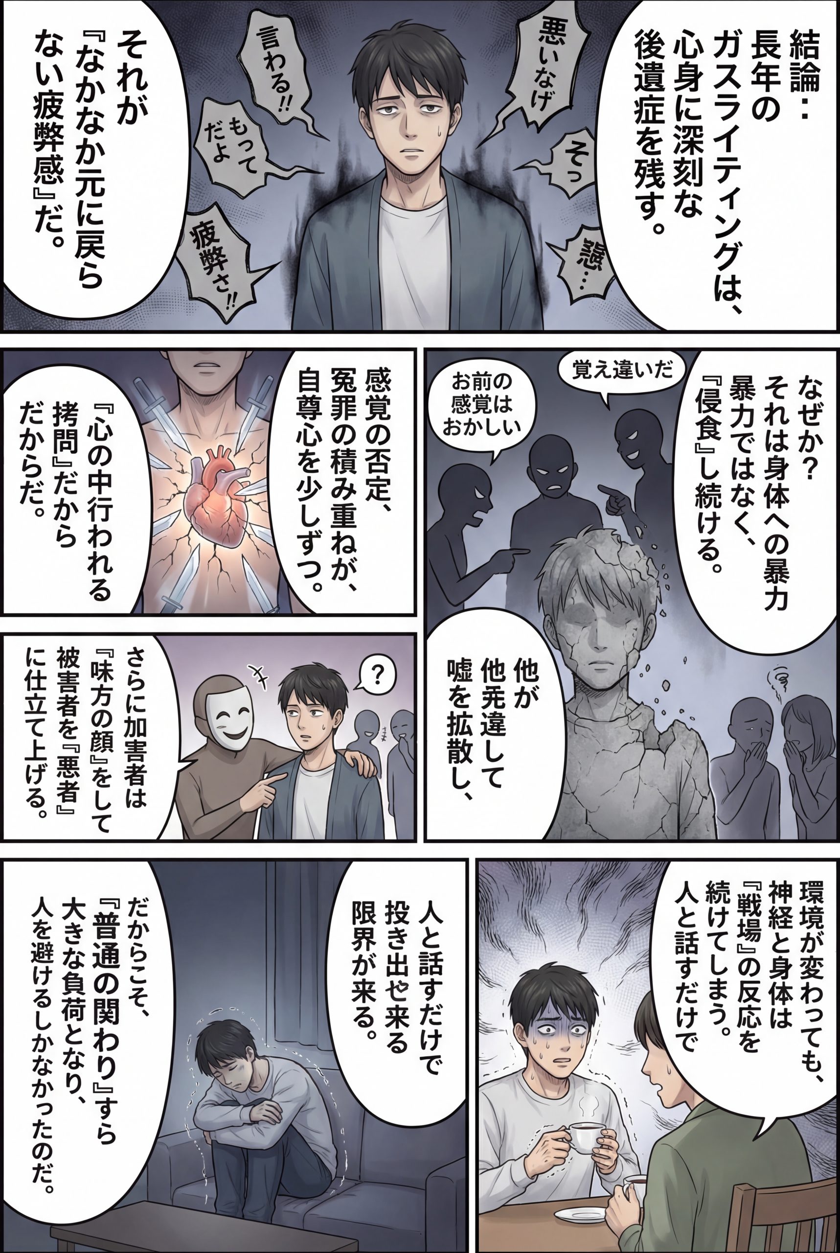 AIビジュアル:ガスライティングの後遺症としての「なかなか元に戻らない疲弊感」と、僕が人との関わりを避けてきた理由