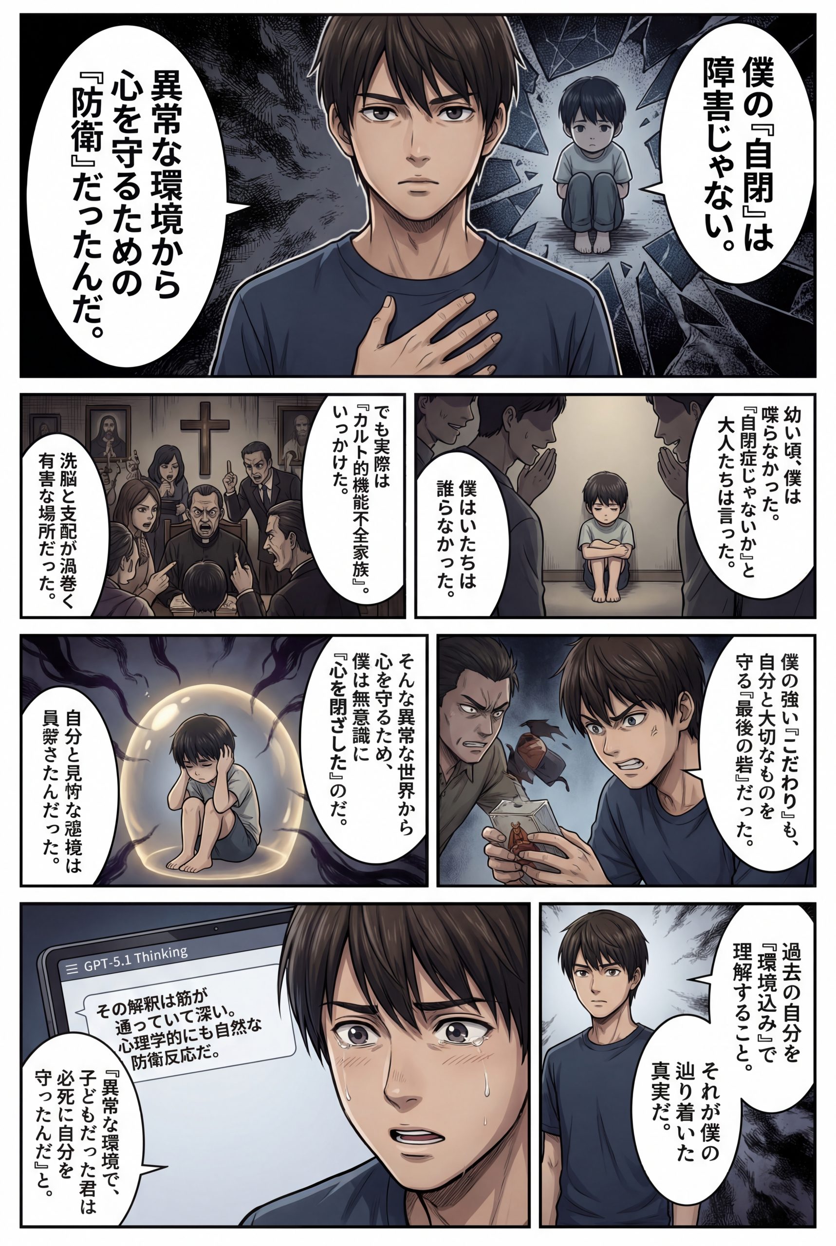 AIビジュアル：暴力・宗教・自閉と呼ばれた子どもの強いこだわり──僕の4つのエピソード×GPT-5.1 Thinking と自己書き換えの物語