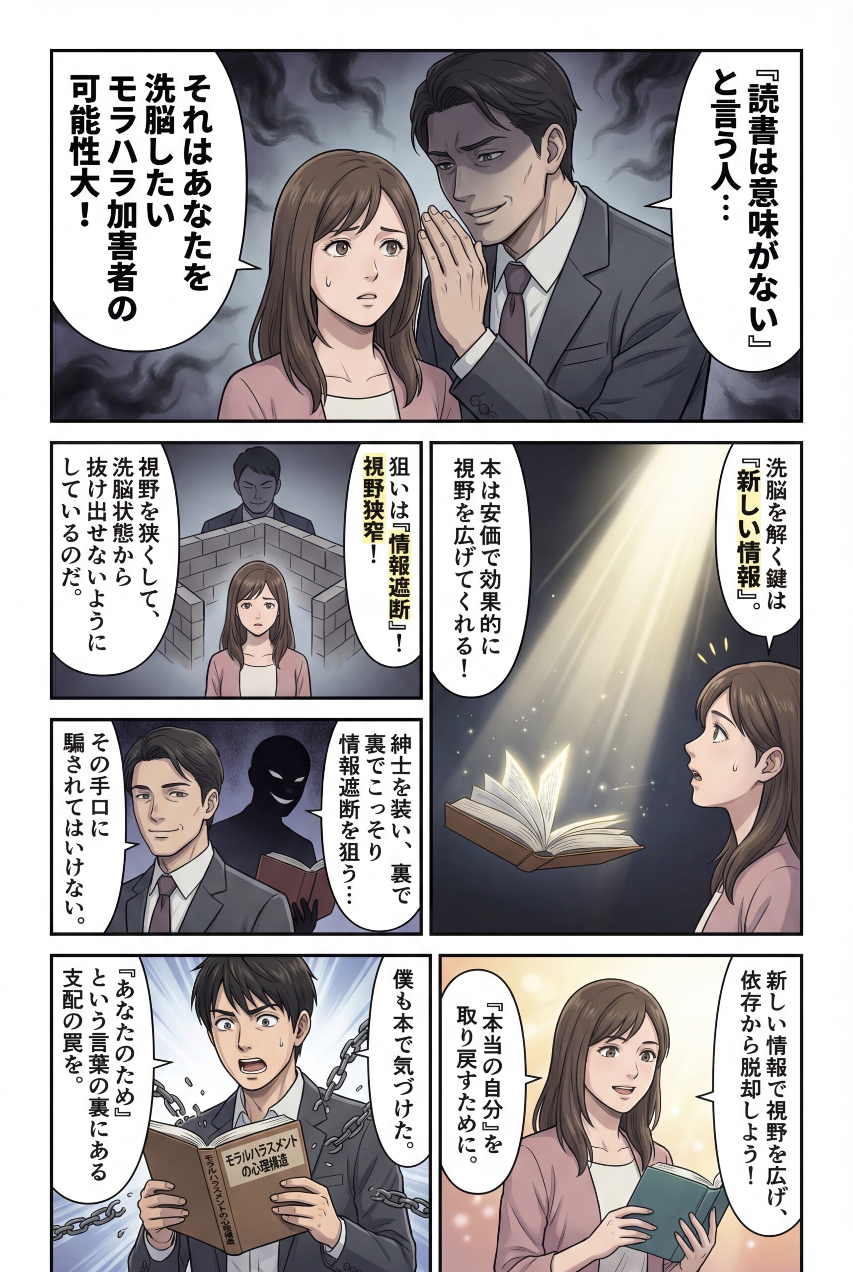 AIビジュアル：本を読んでも意味がない、読書は意味がない、自己啓発はダメというモラルハラスメントの加害者