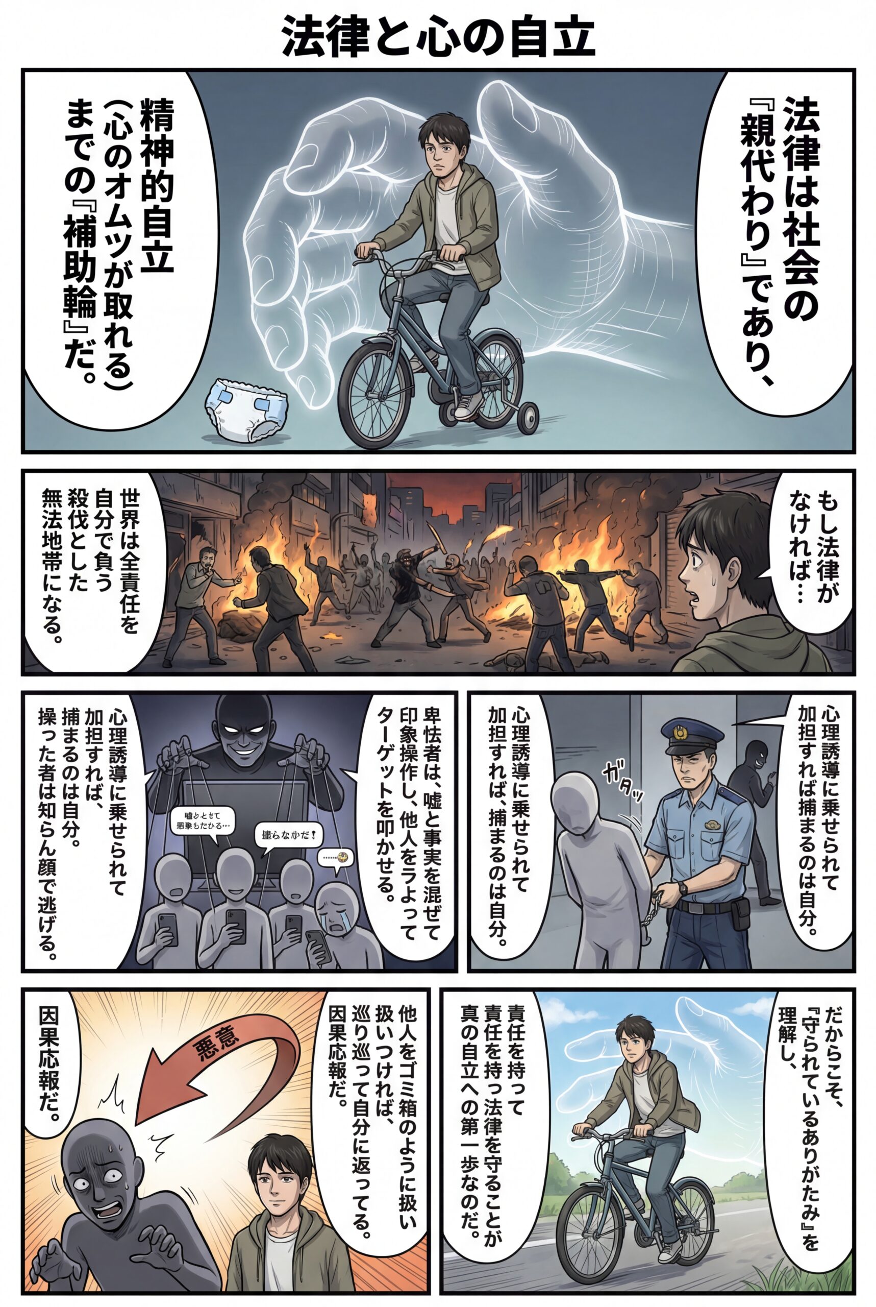AIビジュアル:人は「法律に守ってもらっている」ということを深く理解したうえで法律を守って初めて「心のオムツが取れるかもしれない状態」なのです。