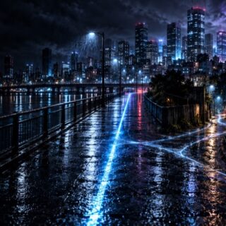 雨の夜の都市で青い境界線が複数の道へ分かれ、暖かな読書室へ続く風景