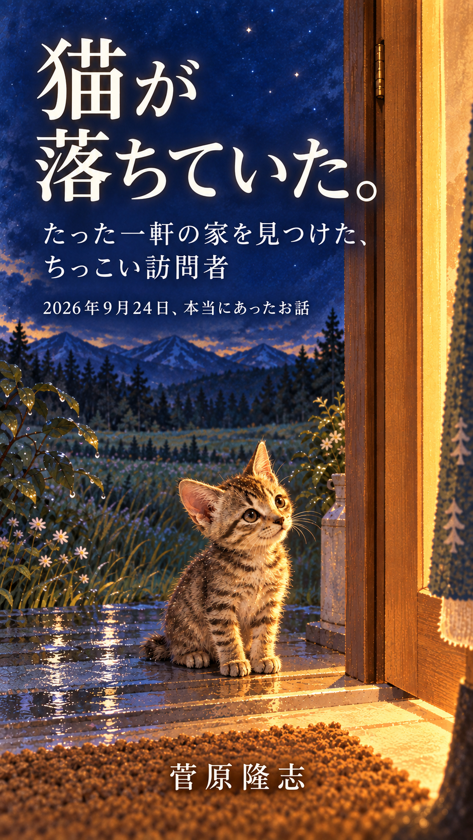 菅原隆志著『猫が落ちていた。――たった一軒の家を見つけた、ちっこい訪問者』のKindle本表紙