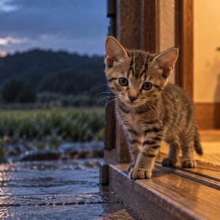 雨上がりの夕暮れ、暖かな光の差す玄関に立つ小さなキジトラの子猫。実話絵本『猫が落ちていた。』のAI生成イメージ