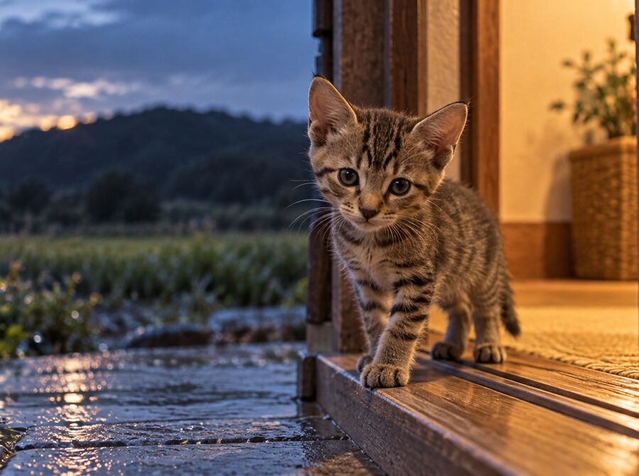雨上がりの夕暮れ、暖かな光の差す玄関に立つ小さなキジトラの子猫。実話絵本『猫が落ちていた。』のAI生成イメージ