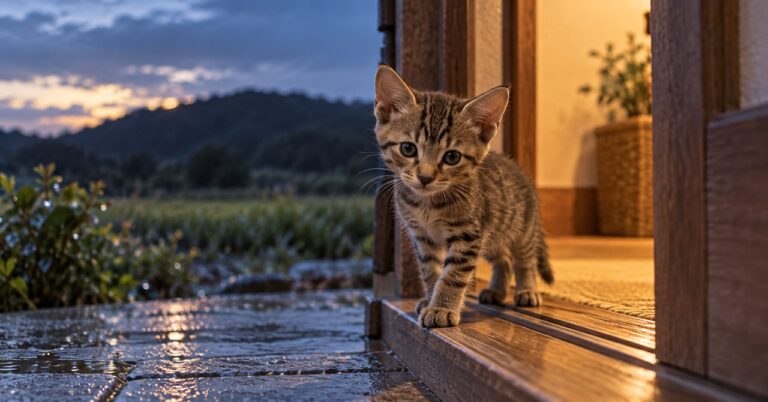 雨上がりの夕暮れ、暖かな光の差す玄関に立つ小さなキジトラの子猫。実話絵本『猫が落ちていた。』のAI生成イメージ