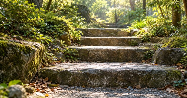 朝の光が差す森の小さな石段。次の一歩を重ねる変化を表すイメージ。