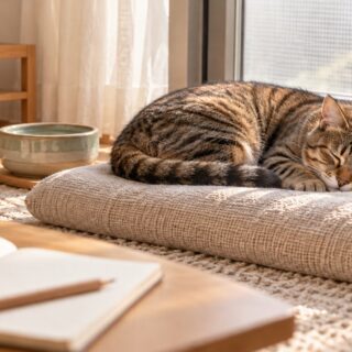 閉じた窓のそばのクッションで眠る猫と、手前の白紙のノートと鉛筆