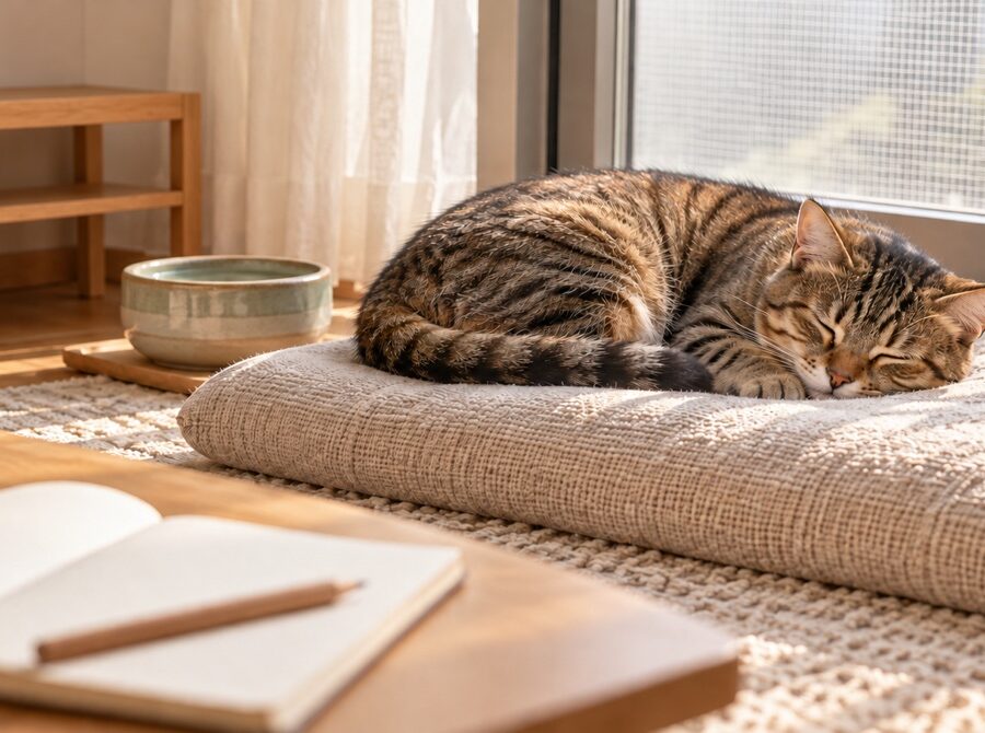 閉じた窓のそばのクッションで眠る猫と、手前の白紙のノートと鉛筆
