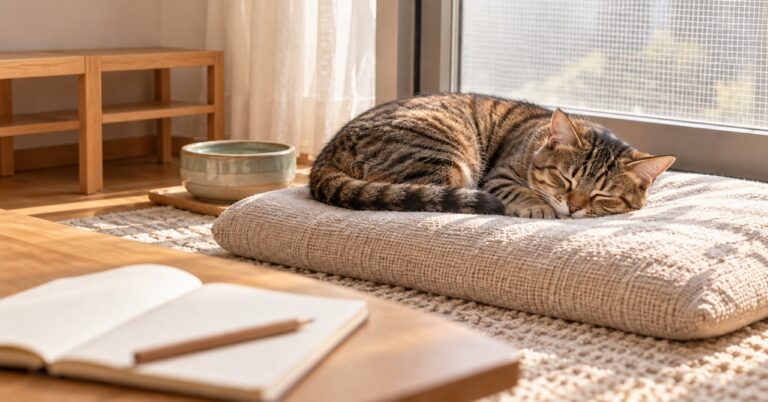 閉じた窓のそばのクッションで眠る猫と、手前の白紙のノートと鉛筆