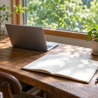 木立を望む窓辺の机に、白紙のノート、ノートパソコン、若い葉の鉢植えがある風景。自分の場を育てることを表すAI生成イメージ。