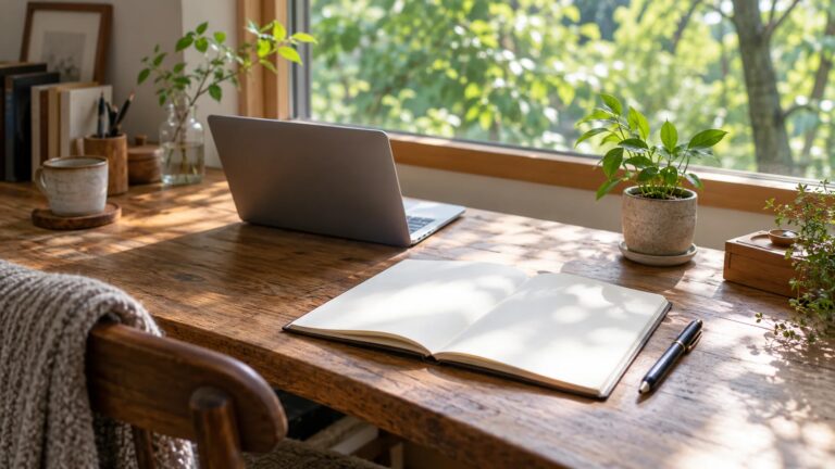 木立を望む窓辺の机に、白紙のノート、ノートパソコン、若い葉の鉢植えがある風景。自分の場を育てることを表すAI生成イメージ。