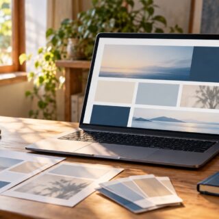 自然光の入る静かな机に置かれたノートパソコンとWebページのレイアウト資料