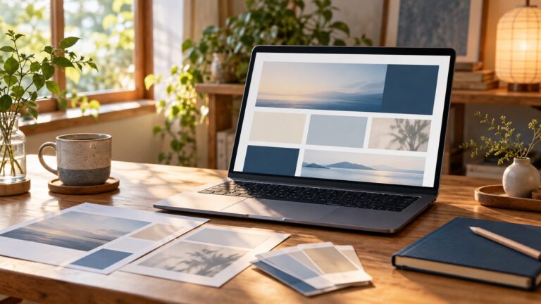 自然光の入る静かな机に置かれたノートパソコンとWebページのレイアウト資料