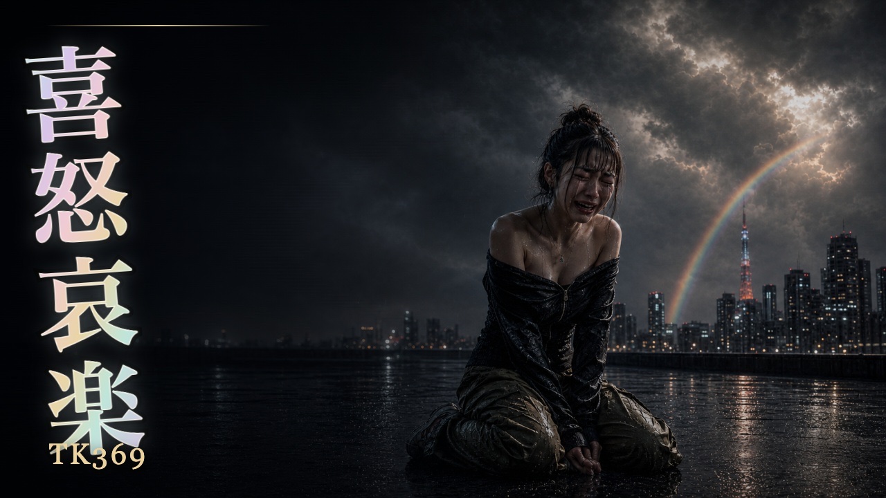 号泣する女性、雨の東京、虹を描いた喜怒哀楽のミュージックビデオ