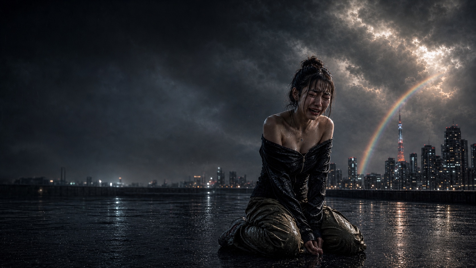 雨の中で涙を流す女性