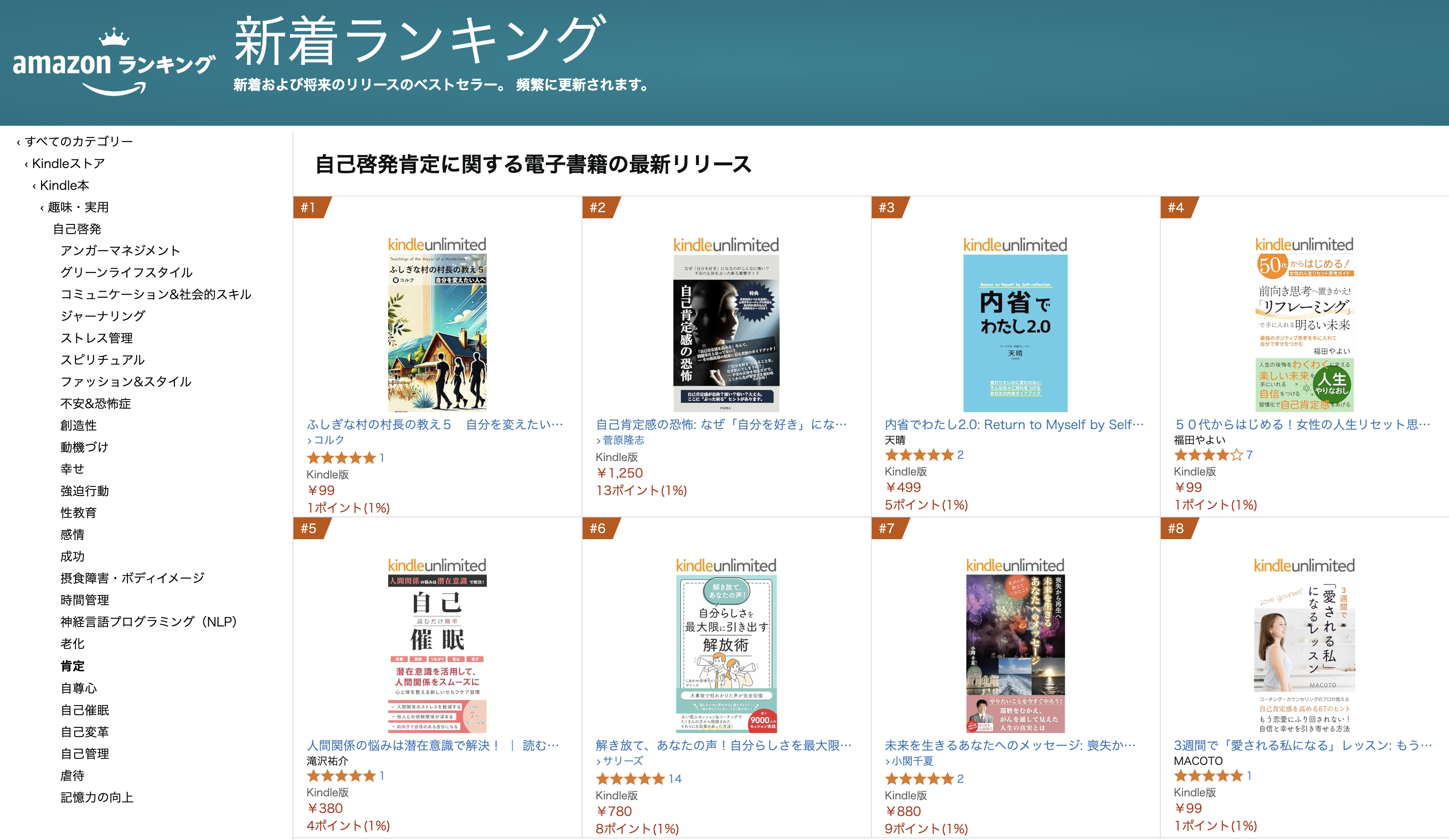Amazonの新着ランキング「自己啓発肯定に関する電子書籍の最新リリース」で２位です！