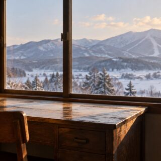 雪山を望む窓辺の木の机と椅子に、暖かな光が差し込む風景。AI生成のイメージ。