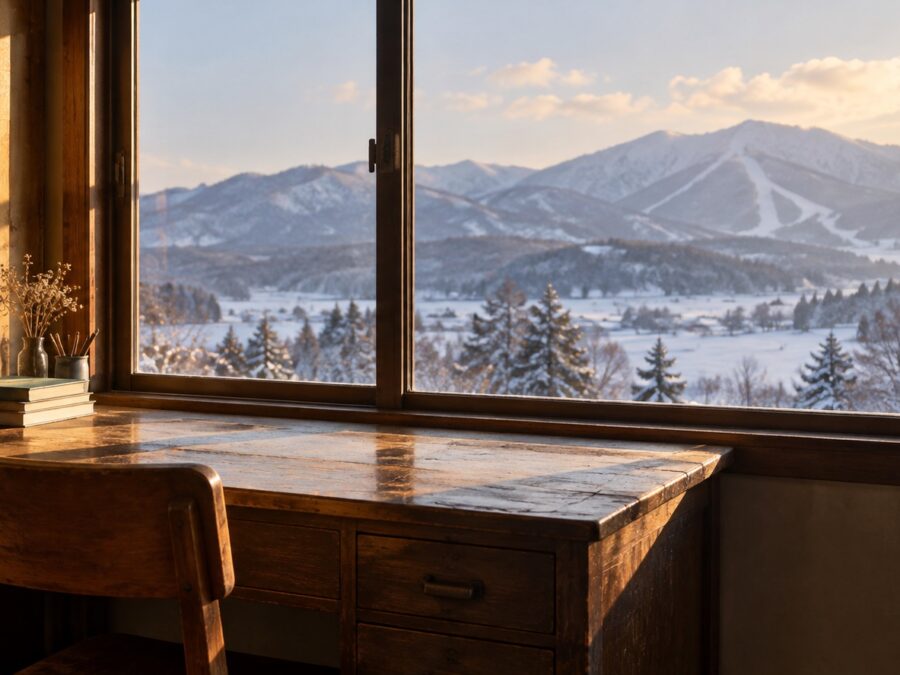 雪山を望む窓辺の木の机と椅子に、暖かな光が差し込む風景。AI生成のイメージ。