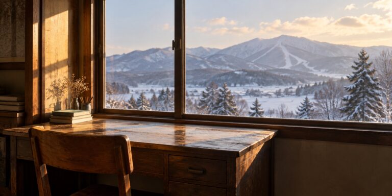 雪山を望む窓辺の木の机と椅子に、暖かな光が差し込む風景。AI生成のイメージ。